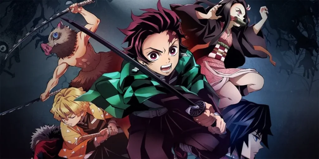 Illustration des personnages principaux de Demon Slayer : Kimetsu no Yaiba, avec Tanjiro Kamado, Nezuko Kamado, Zenitsu Agatsuma et Inosuke Hashibira prêts à combattre dans une scène dynamique et sombre