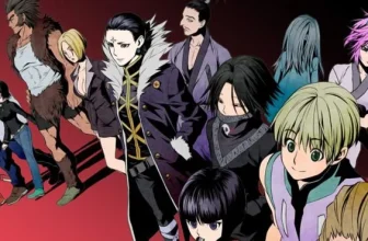 Les membres emblématiques de la Brigade Fantôme dans Hunter x Hunter, incluant Uvogin, Feitan, Kuroro Lucilfer, et Pakunoda, dans une pose iconique