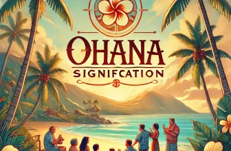 Illustration tropicale représentant une famille réunie sur une plage au coucher du soleil, entourée de palmiers et d'hibiscus, avec le texte 'Ohana Signification' au centre