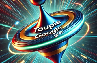 Une illustration dynamique en gros plan d'une toupie numérique intitulée "Toupie Google", entourée d'effets lumineux et de lignes d'énergie, évoquant l'innovation, la modernité et l'interactivité d'un des easter eggs les plus captivants de Google