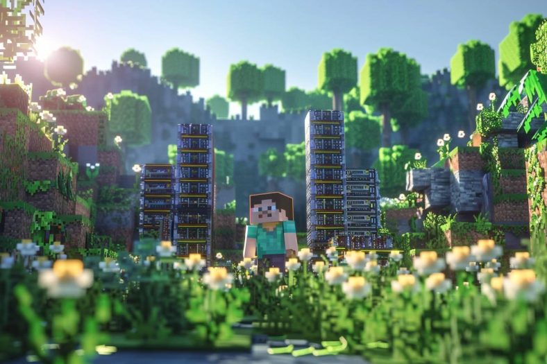 Scène de Minecraft avec un personnage pixelisé debout dans un champ fleuri, entouré de serveurs haute performance sous un paysage verdoyant