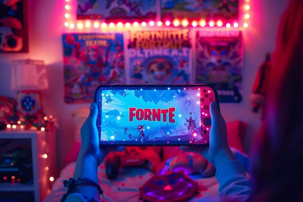 Écran d’une console portable affichant Fortnite dans une chambre décorée aux couleurs du jeu, illuminée par des lumières LED