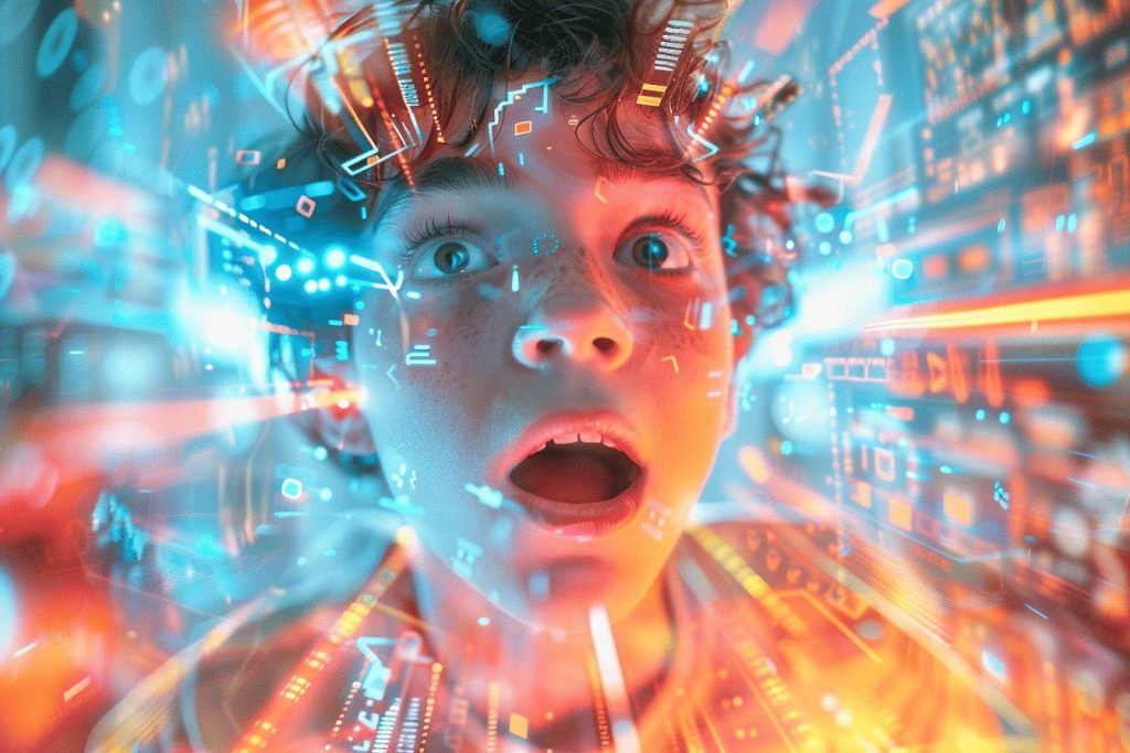 Gros plan d'un visage avec des éléments numériques et colorés autour.