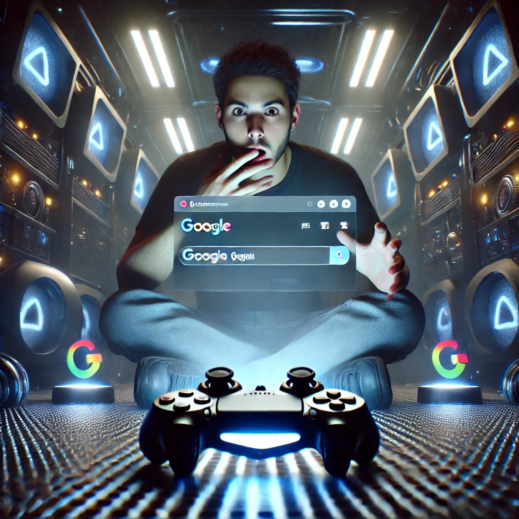 Une personne est assise dans une pièce sombre, éclairée par des lumières LED aux tons futuristes. Face à elle, un écran affiche un navigateur web minimaliste avec une recherche Google, révélant une fonctionnalité cachée de la PS5. La manette qu'elle tient entre ses mains émet une légère lueur, soulignant l’aspect secret et inattendu de cette découverte. L’ambiance est immersive et high-tech, donnant l’impression de percer un mystère bien gardé de la console.