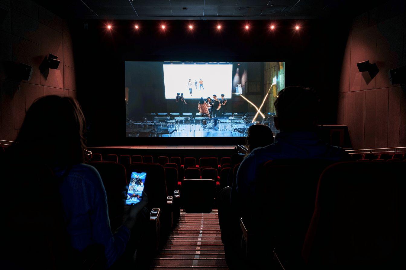 Spectateurs regardant un film de super-héros dans une petite salle.