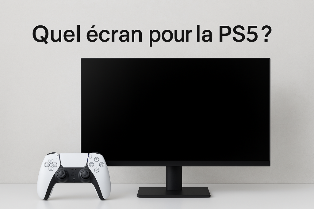 Image montrant une manette de PS5 avec un écran et la phrase suivante : Quel écran pour PS5 ?