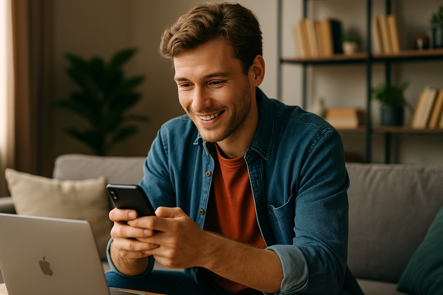 Homme souriant utilisant un smartphone devant un ordinateur portable.