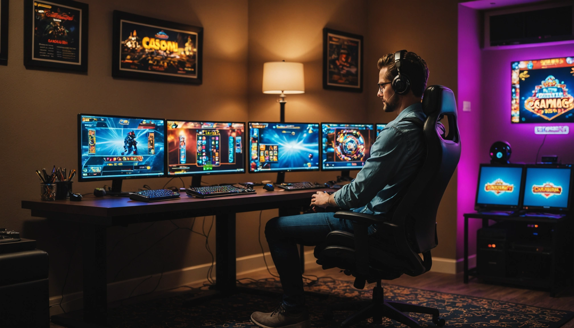 Joueur devant plusieurs écrans de jeux de casino numériques
