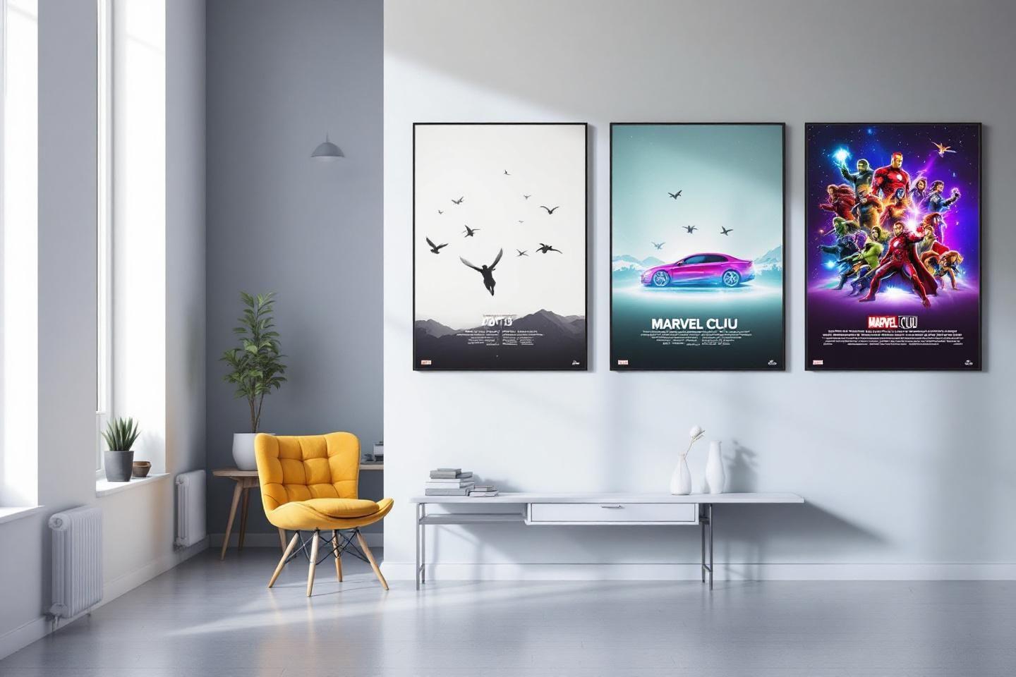 Affiches de films de super-héros exposées dans un intérieur sobre.