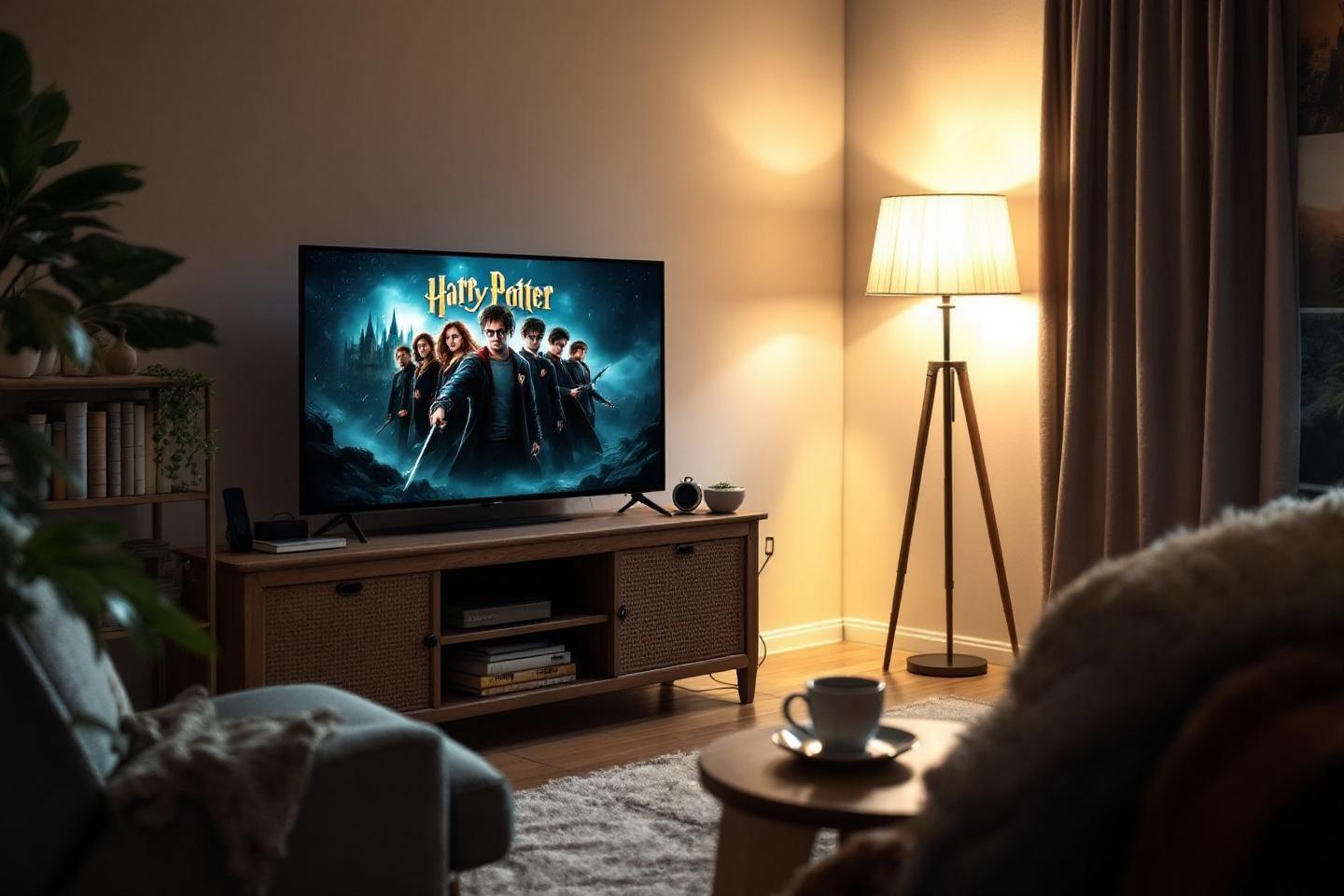 Personne regardant une œuvre de fiction sur un téléviseur dans un salon.