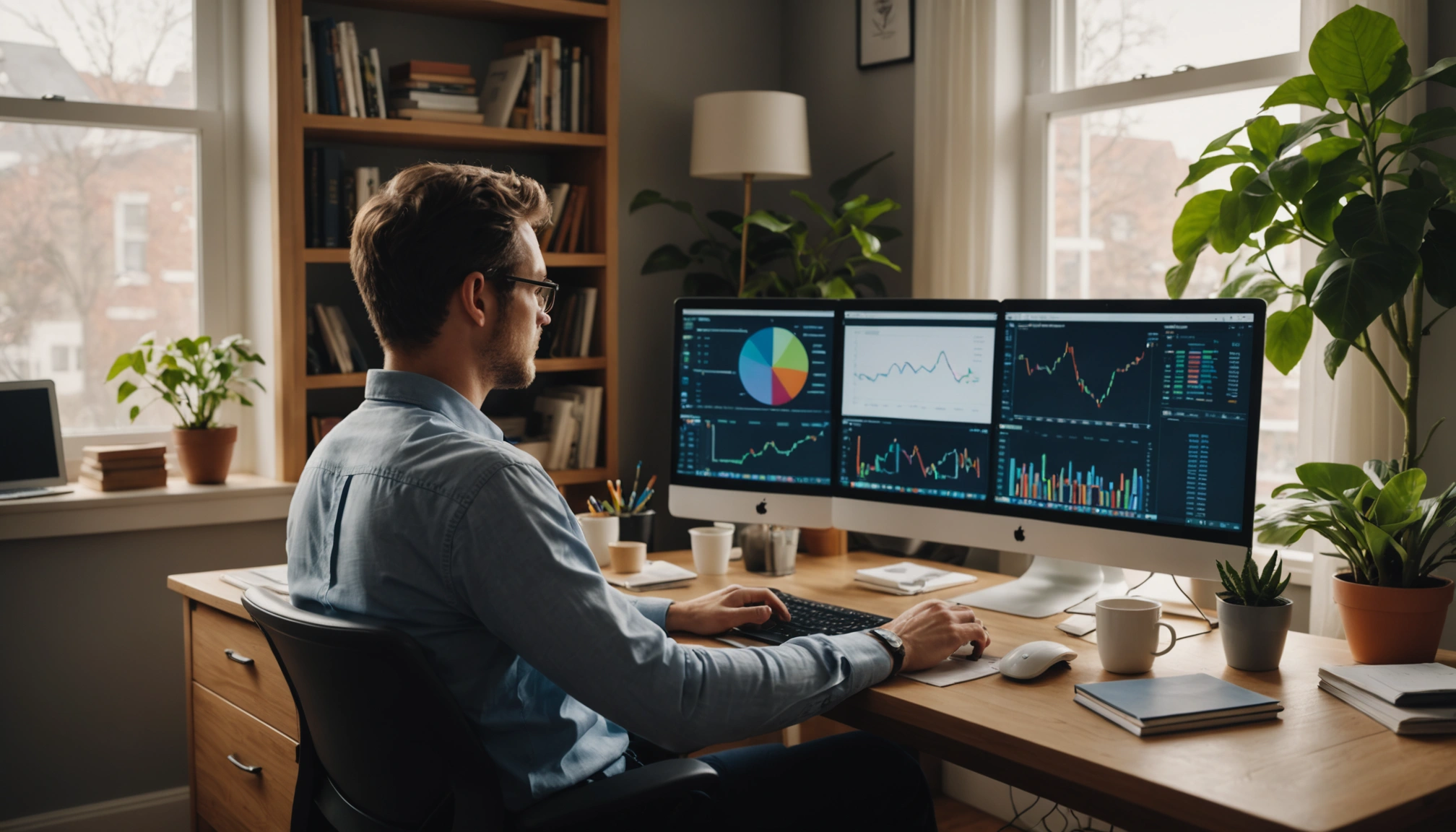 Professionnel analysant des graphiques sur plusieurs écrans.