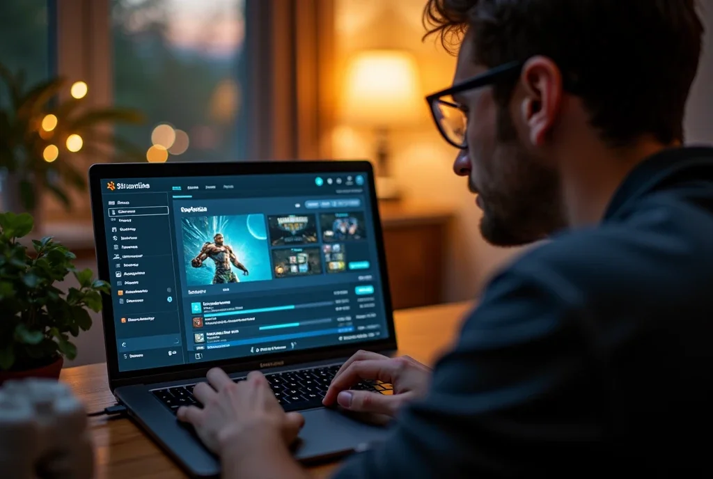 Joueur utilisant un ordinateur portable gaming générique.