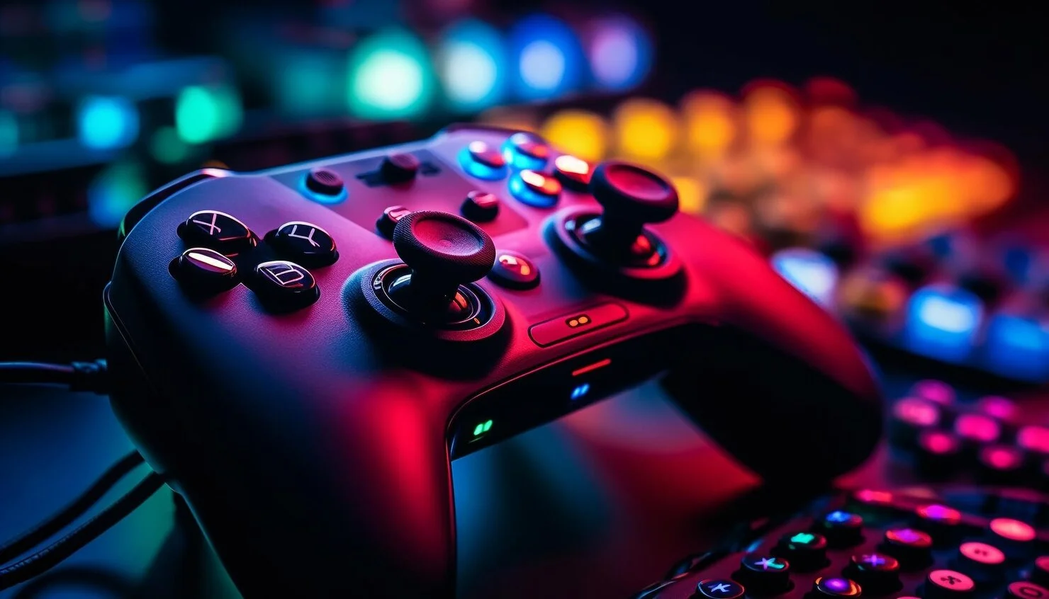 Manette de jeu noire posée sur un clavier éclairé.