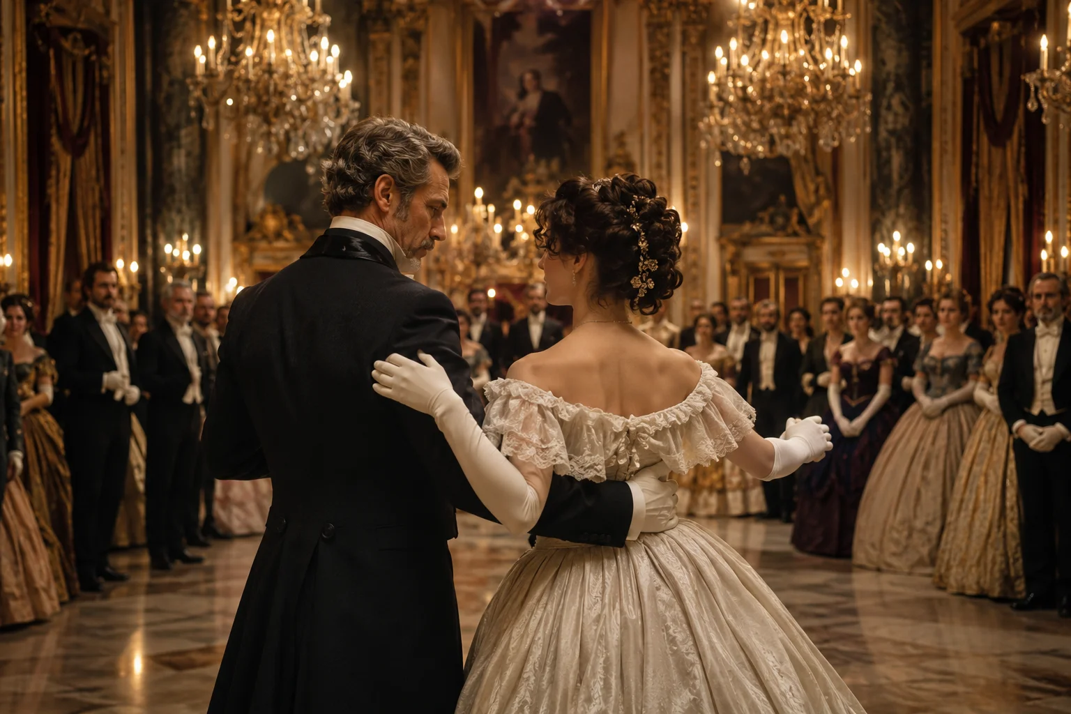 Couple en tenue d’époque dansant dans une salle de bal historique.