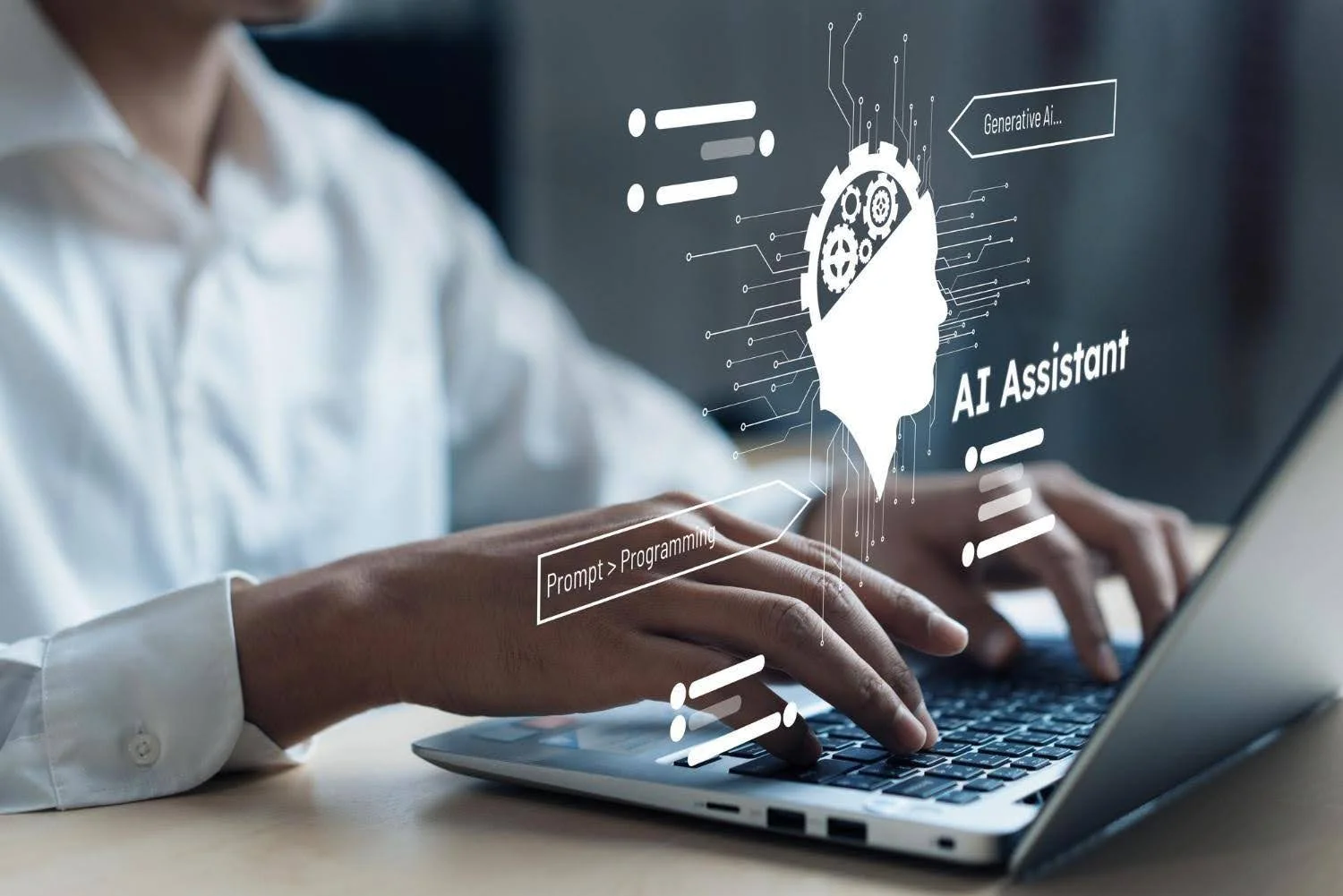 Professionnel travaillant sur un ordinateur avec une interface abstraite.