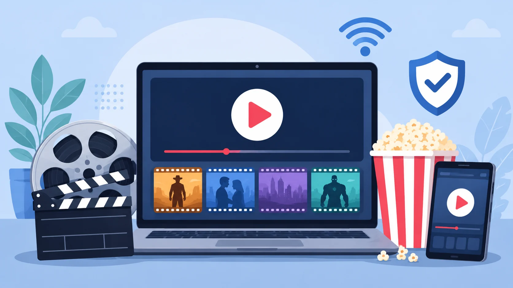 Illustration générique d’un service vidéo sur plusieurs écrans avec symboles de sécurité.