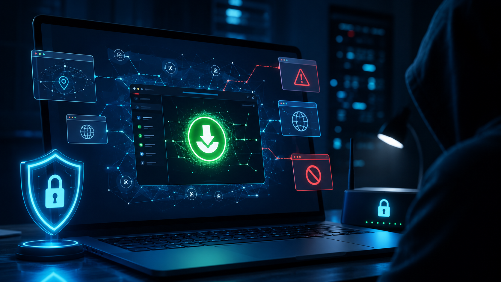 Ordinateur protégé par des symboles de téléchargement et de sécurité.