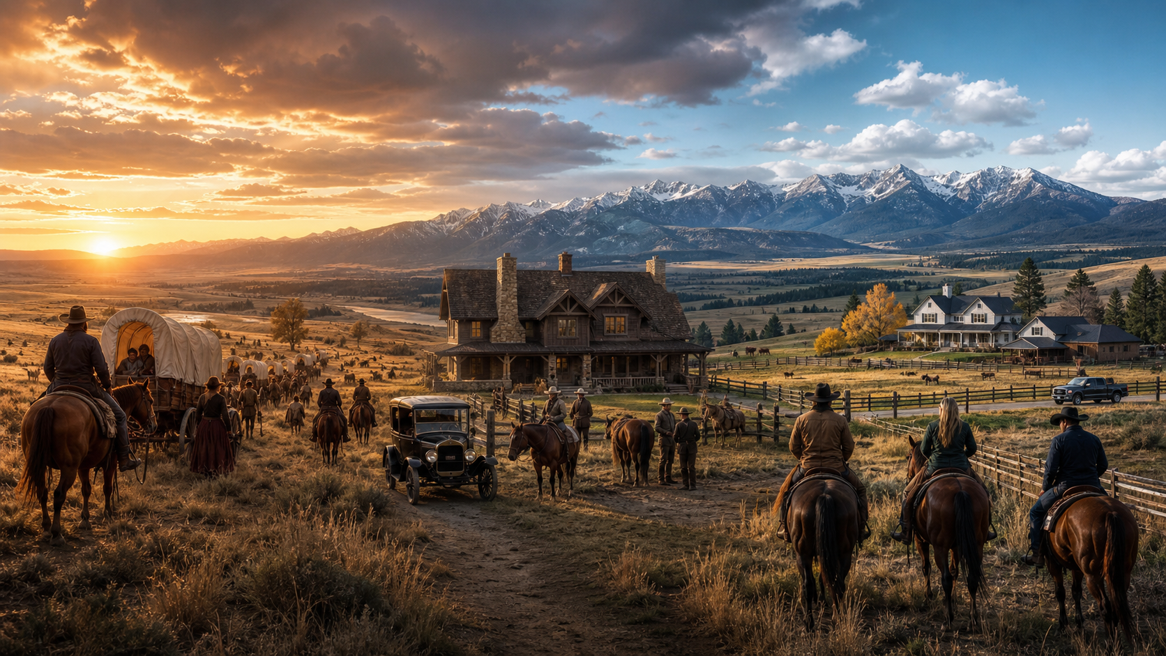 Cavaliers et convoi traversant un grand paysage de western au coucher du soleil.