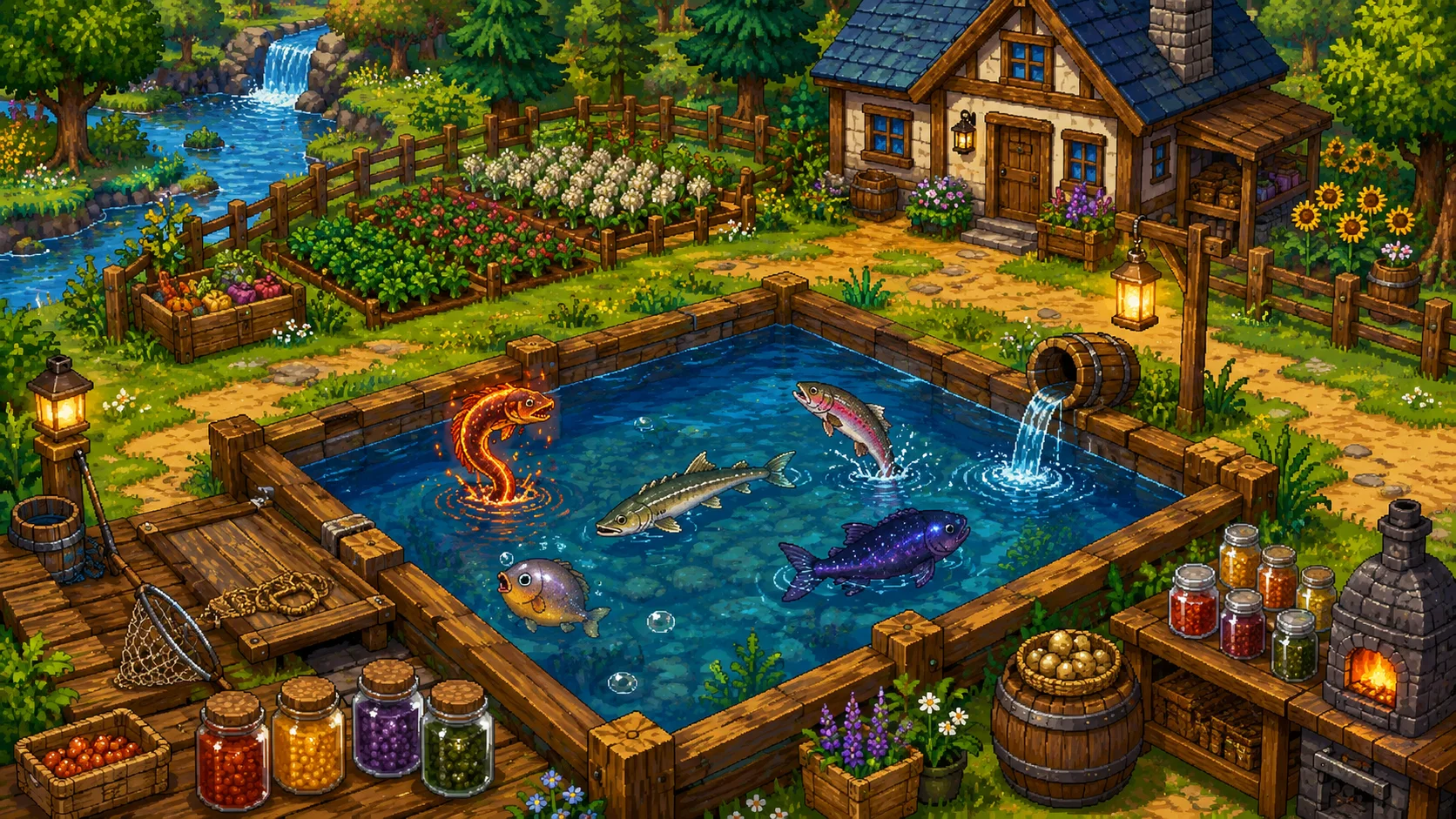 Ferme en pixel art avec cultures, maison et bassin poissonneux.