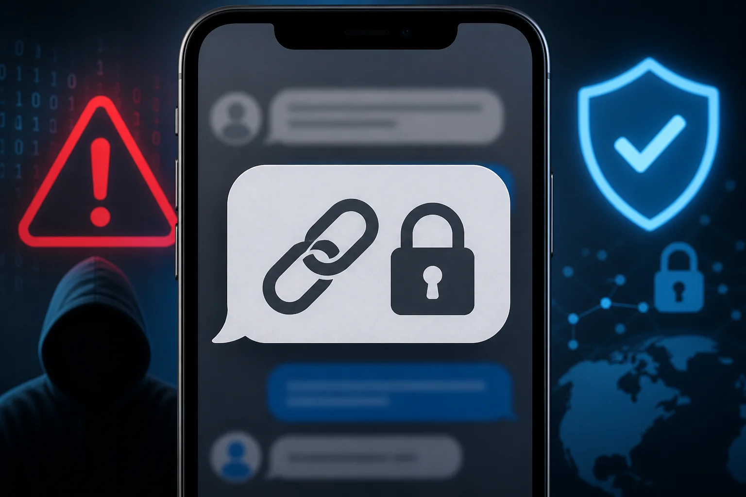 Smartphone affichant un lien protégé entre des symboles d’alerte et de sécurité.