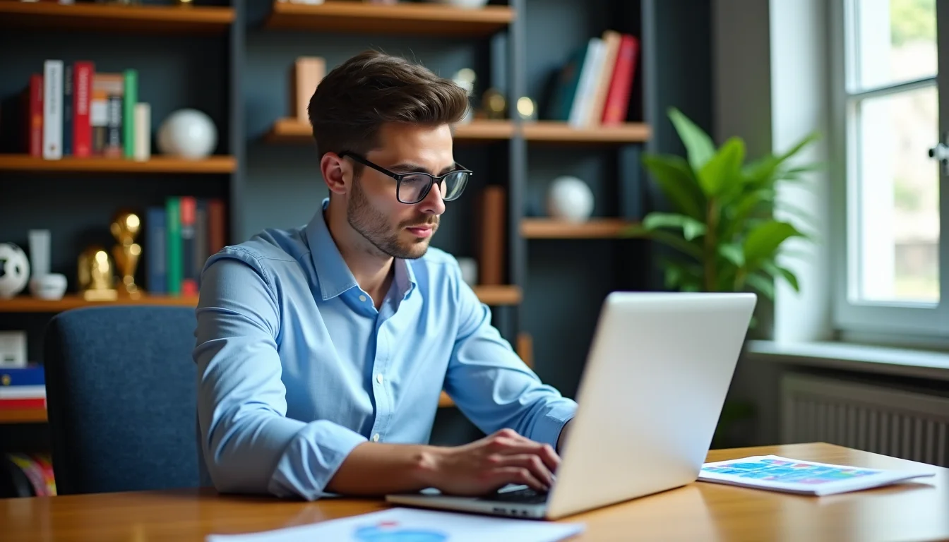 Utilisateur travaillant sur un ordinateur portable dans un espace lumineux.