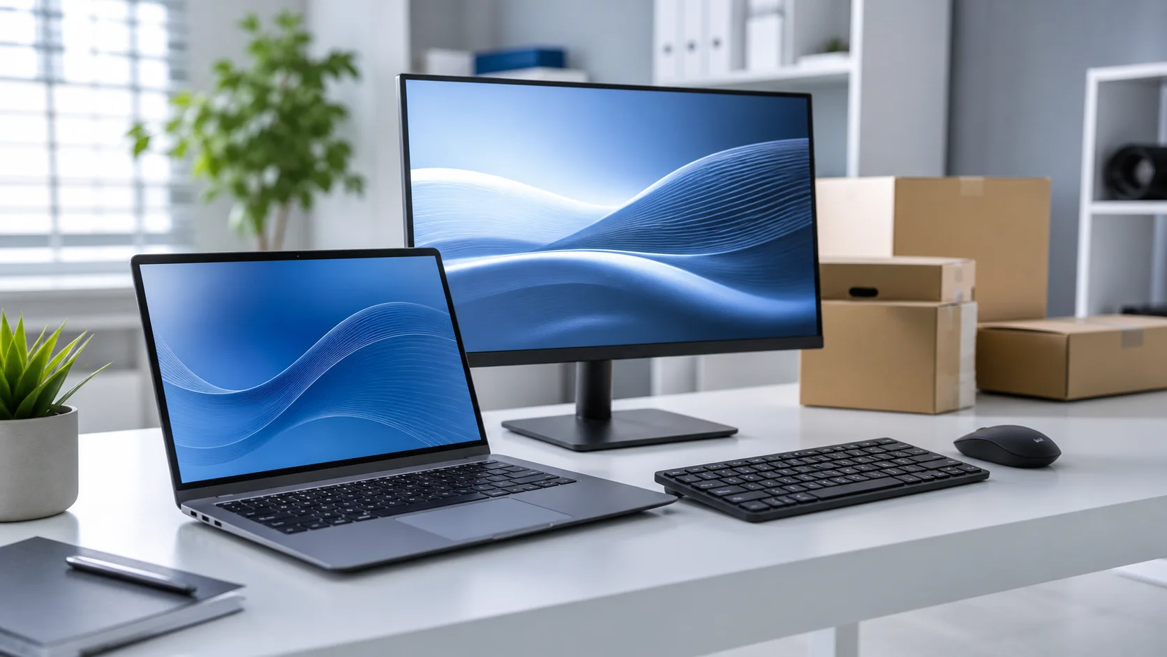Ordinateur portable et moniteur installés côte à côte sur un bureau.