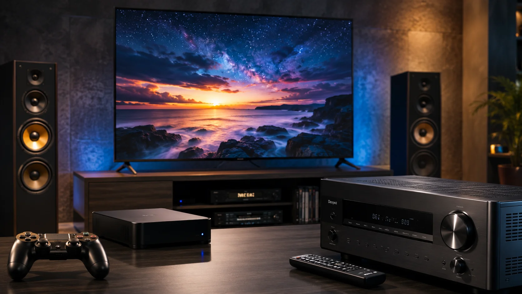 Téléviseur et système multimédia génériques installés dans un salon.