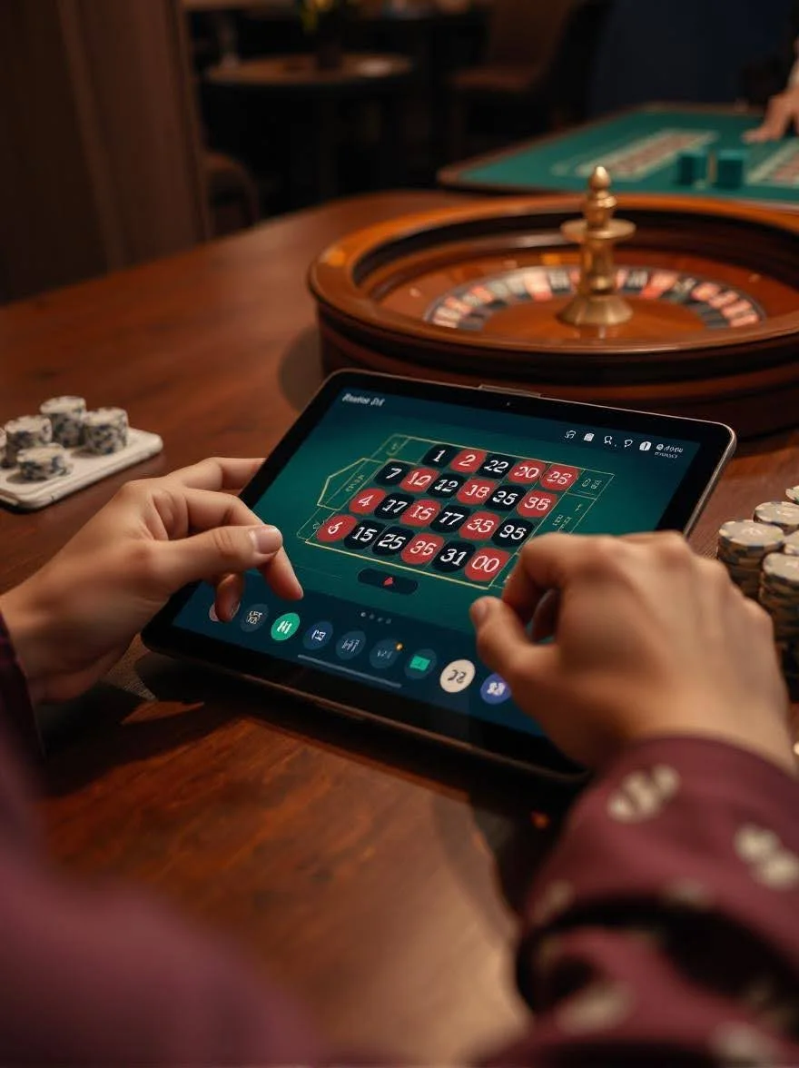 Joueur utilisant une roulette numérique devant une roulette physique