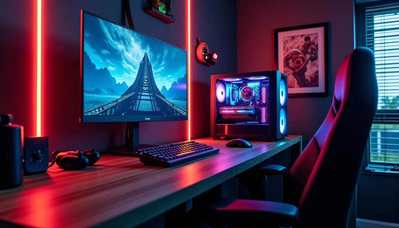 Setup PC gamer avec écran, tour RGB et chaise, lumières rouges