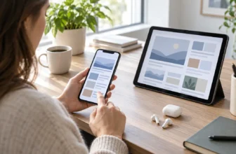 Une personne consulte des cartes d’actualité génériques sur un smartphone et une tablette.