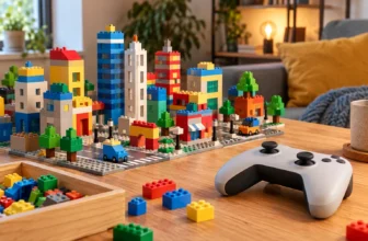 Des briques-jouets génériques forment une ville miniature près d’une manette sans marque.