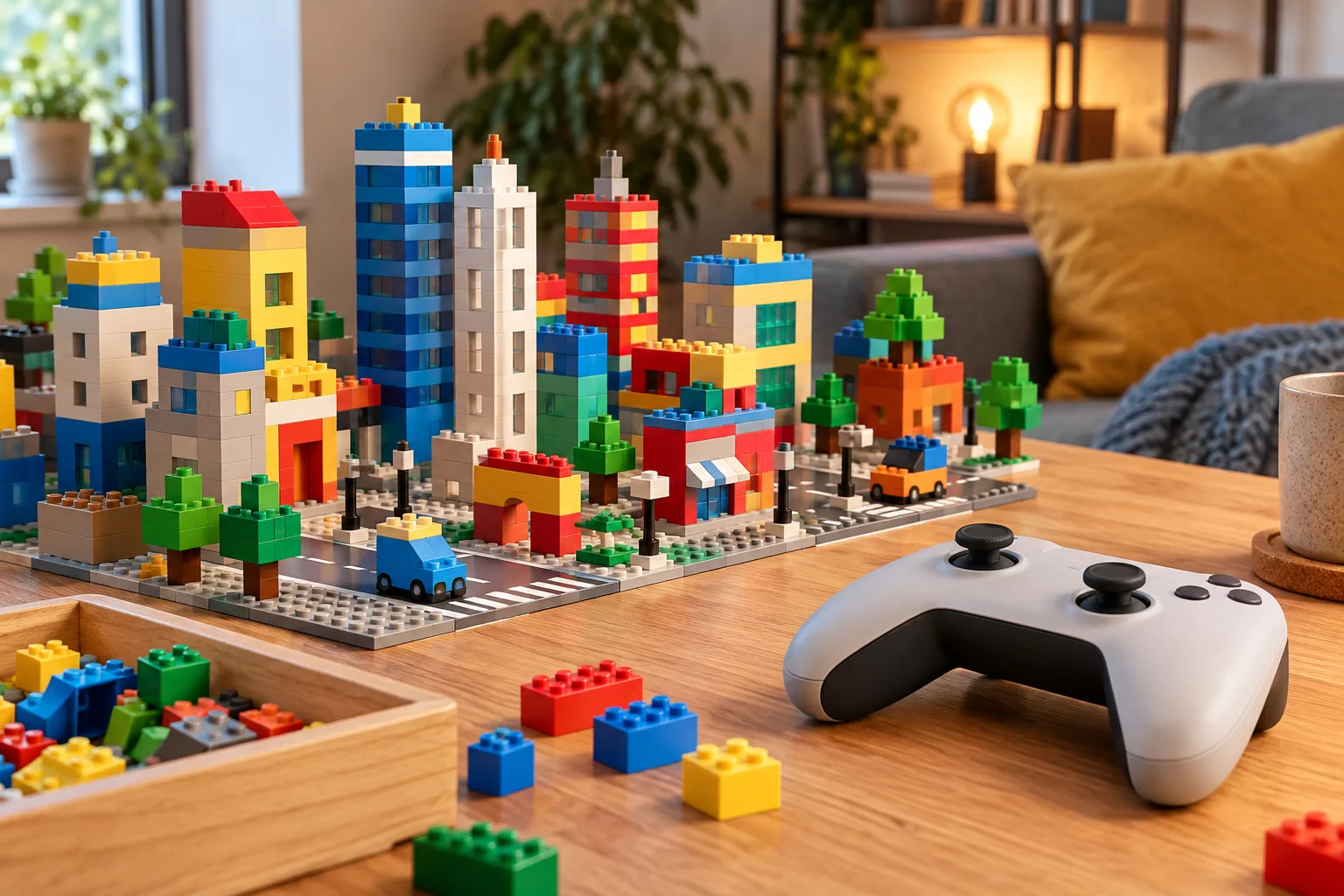 Des briques-jouets génériques forment une ville miniature près d’une manette sans marque.