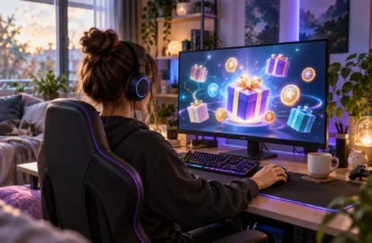 Une joueuse consulte des cadeaux numériques génériques sur un écran dans son espace gaming.