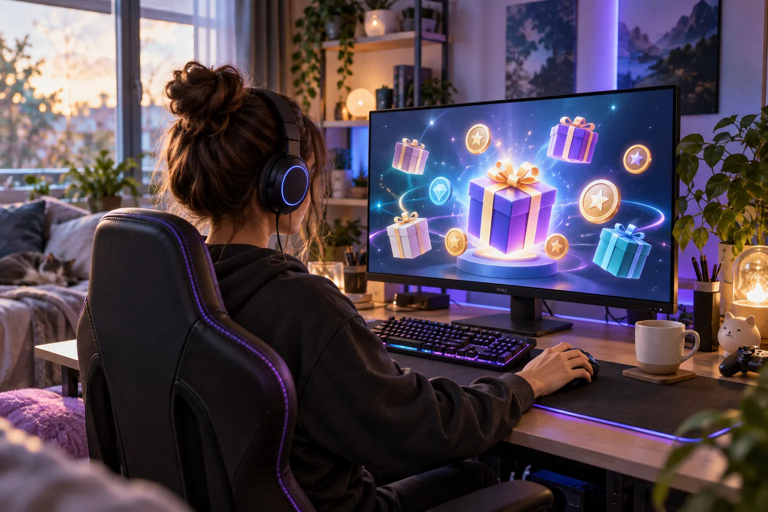 Une joueuse consulte des cadeaux numériques génériques sur un écran dans son espace gaming.