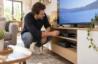 Utilisateur vérifiant un décodeur TV et une box internet génériques dans un salon.