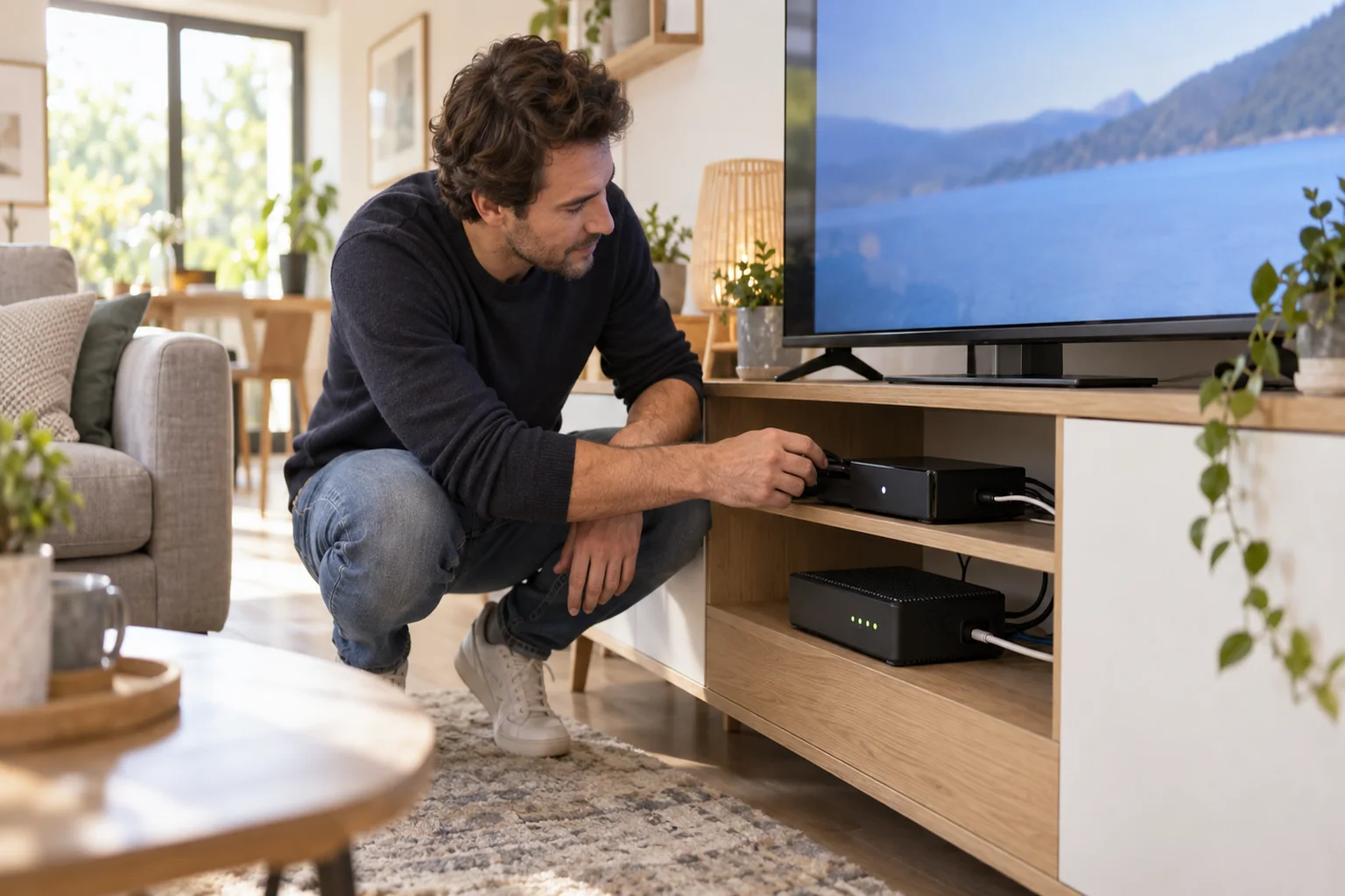 Utilisateur vérifiant un décodeur TV et une box internet génériques dans un salon.