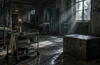 Un coffre métallique fermé se trouve dans une salle d’hôpital abandonnée de jeu vidéo générique.