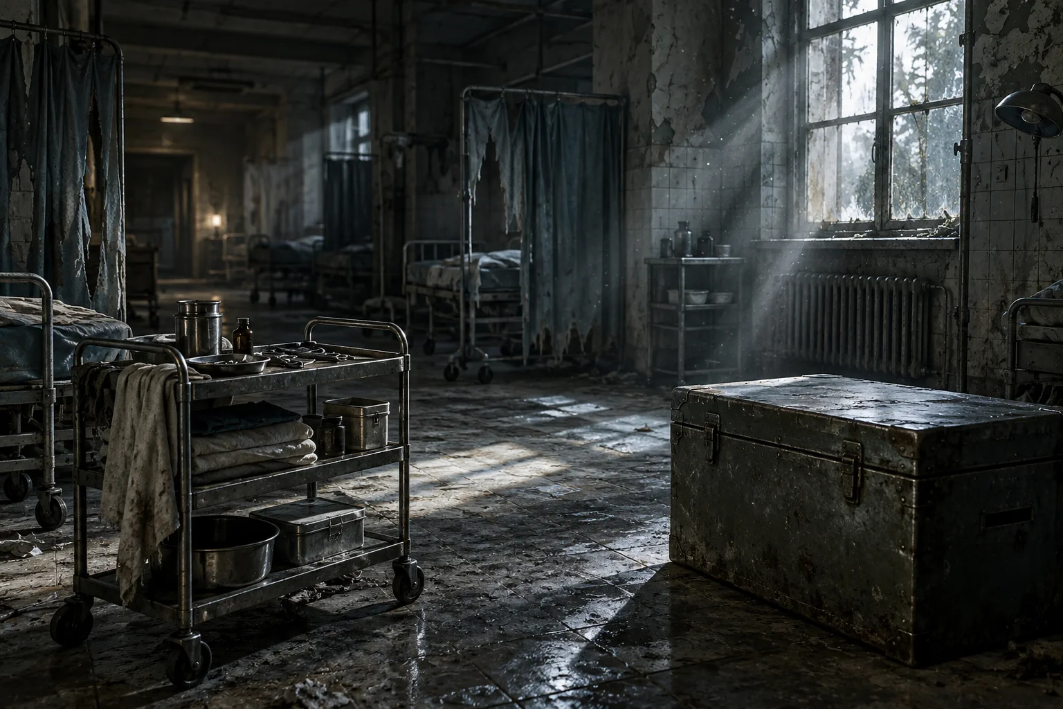 Un coffre métallique fermé se trouve dans une salle d’hôpital abandonnée de jeu vidéo générique.