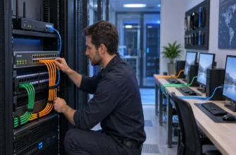 Technicien reliant des équipements réseau avec des câbles Ethernet rangés.