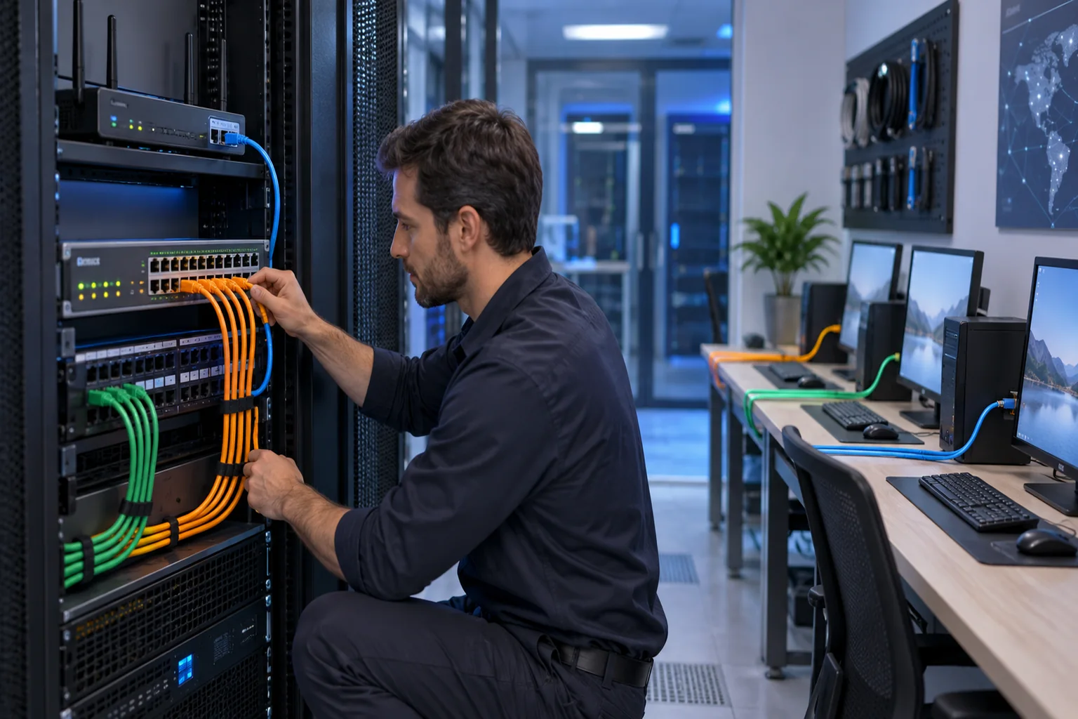 Technicien reliant des équipements réseau avec des câbles Ethernet rangés.