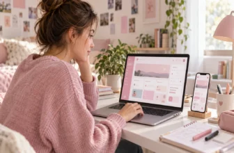 Élève personnalisant en rose une interface scolaire générique sur ordinateur et smartphone.