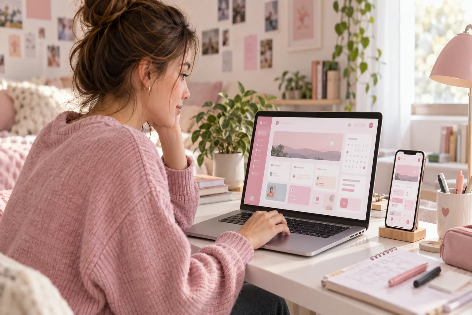 Élève personnalisant en rose une interface scolaire générique sur ordinateur et smartphone.