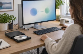 Une personne copie un CD personnel vers une clé USB avec un lecteur externe relié à son ordinateur.