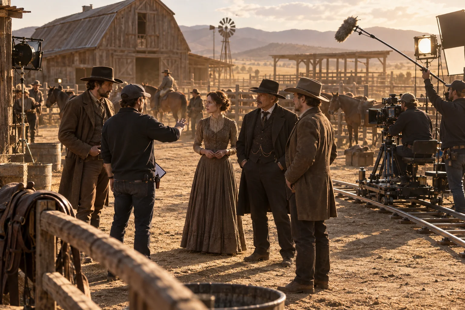 Tournage générique d’un western historique avec comédiens en costumes d’époque.