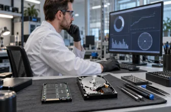 Technicien surveillant un diagnostic de disque sur un poste informatique.