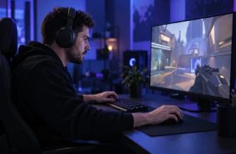 Un joueur équipé d’un casque joue à un FPS générique sur son ordinateur.