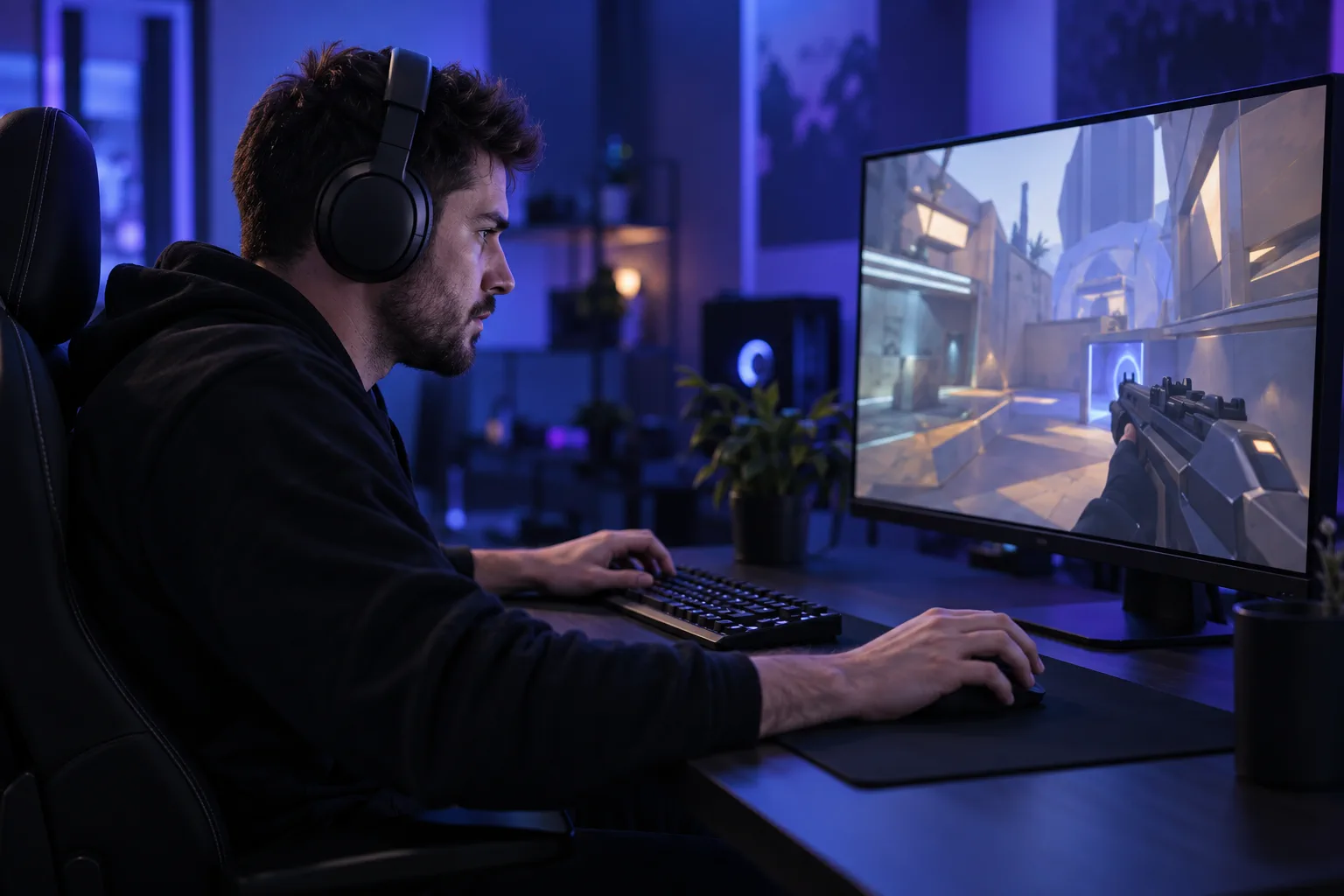 Un joueur équipé d’un casque joue à un FPS générique sur son ordinateur.