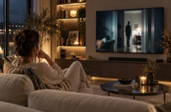 Personne regardant un thriller domestique générique sur un téléviseur.