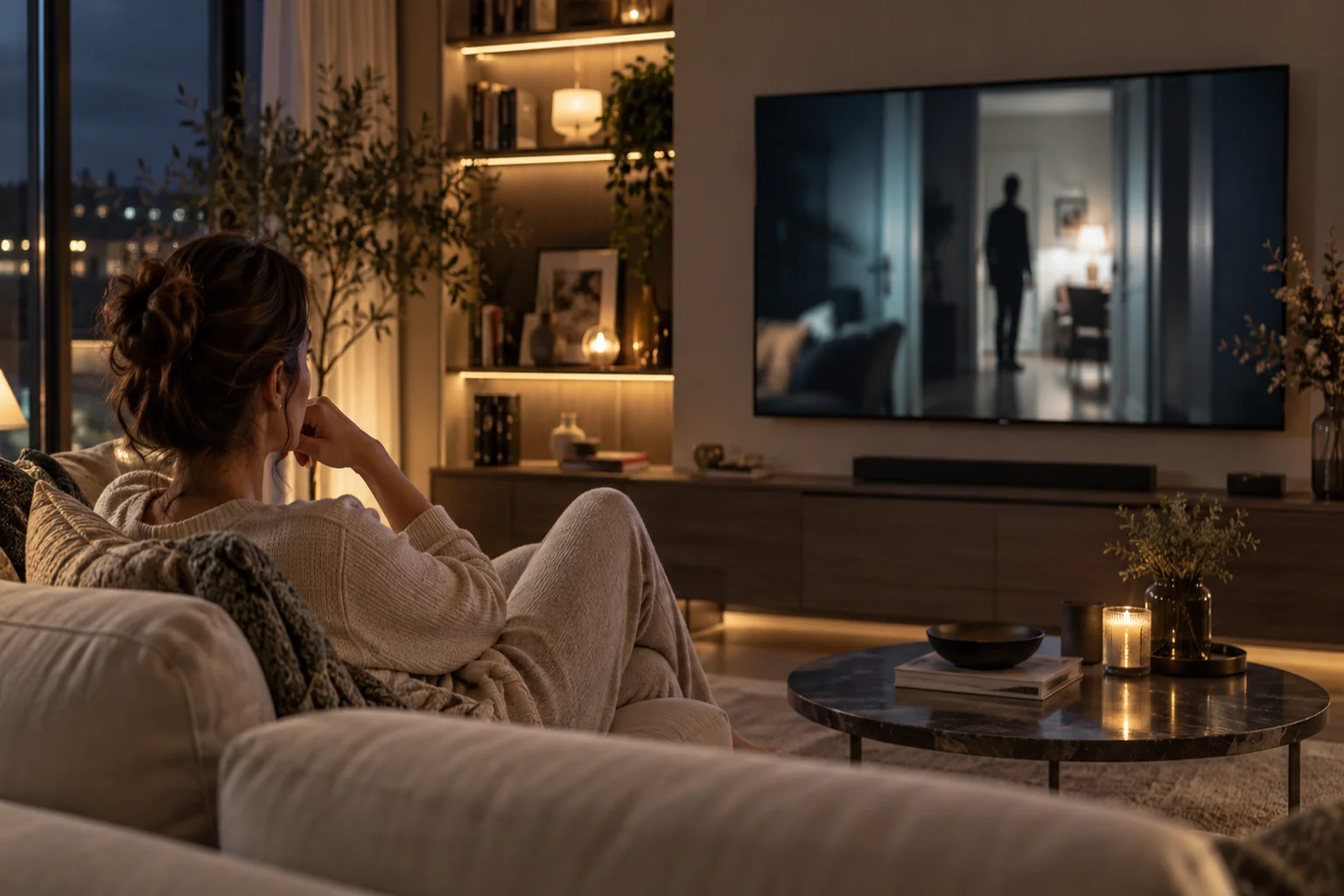 Personne regardant un thriller domestique générique sur un téléviseur.