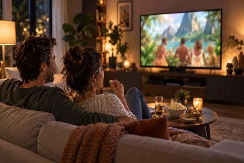 Couple regardant une comédie d’aventure tropicale générique dans un salon.